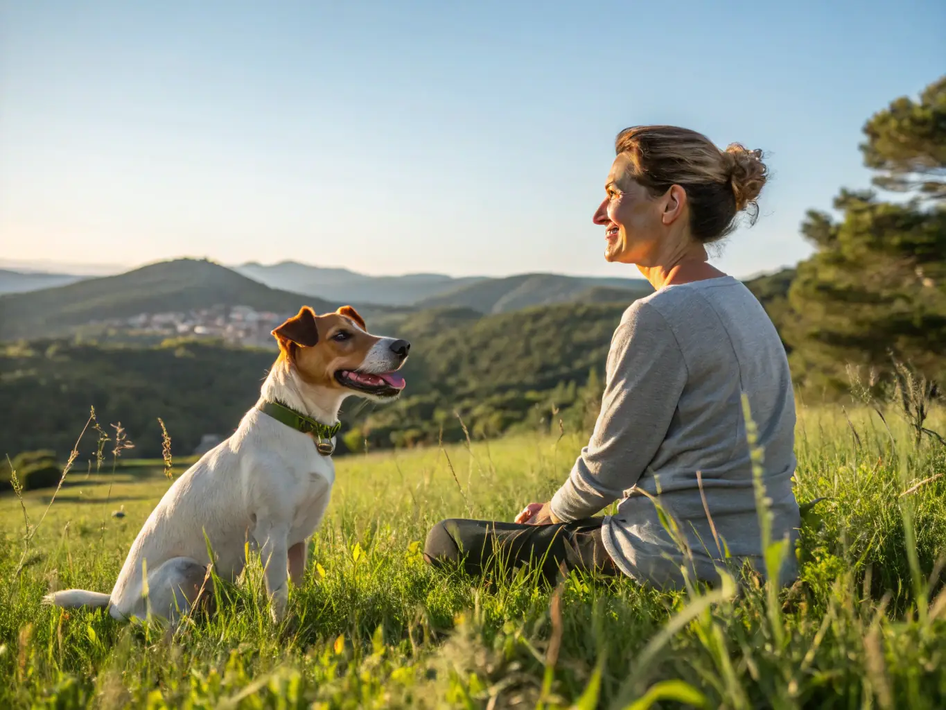 A dog sitting obediently beside its owner during a training session outdoors, showcasing the Basic Obedience program at The Wag Masters Austin.