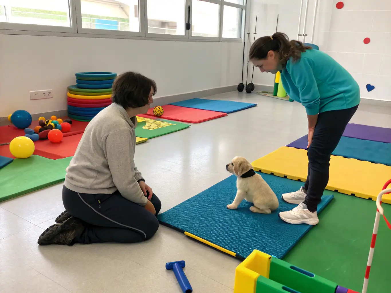 A happy puppy sitting attentively with a trainer in a bright, welcoming training space, representing the Puppy Training program at The Wag Masters Austin.