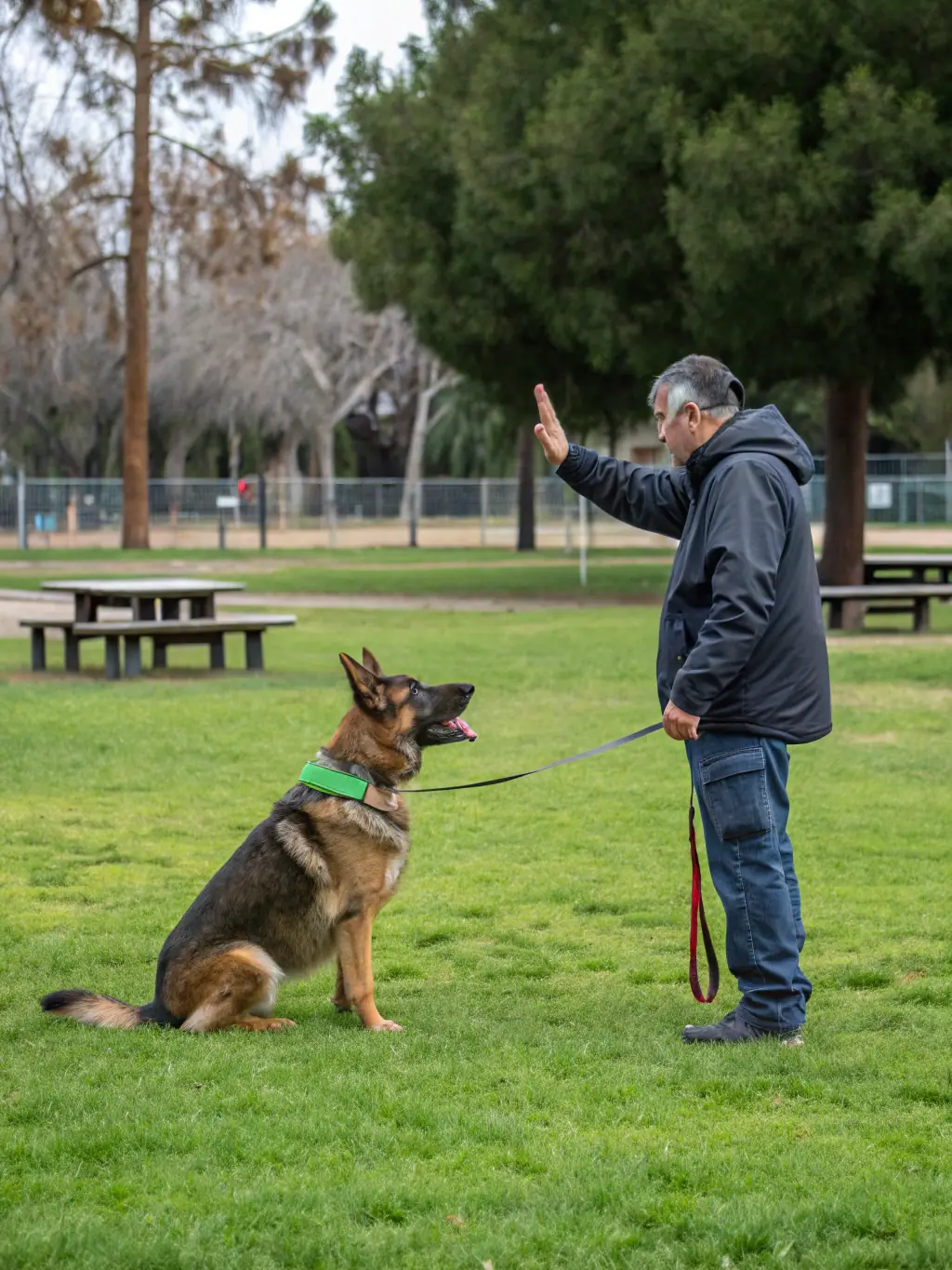 A well-behaved German Shepherd demonstrating the 'sit' command perfectly during a basic obedience class at The Wag Masters Austin.