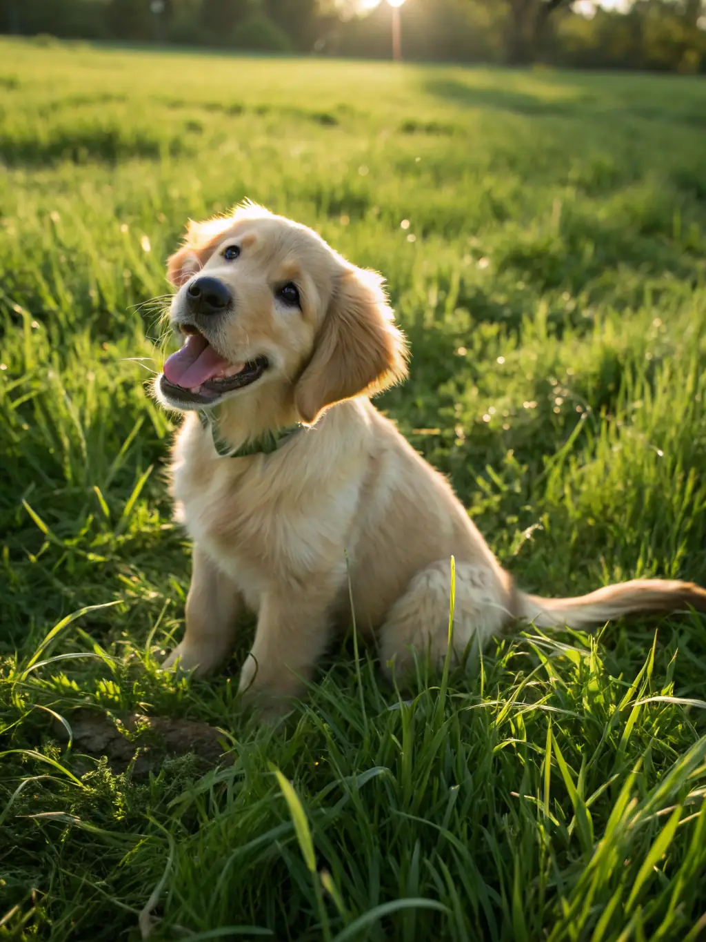 A happy golden retriever puppy sitting attentively during a puppy training session at The Wag Masters Austin, with a trainer smiling and offering positive reinforcement.